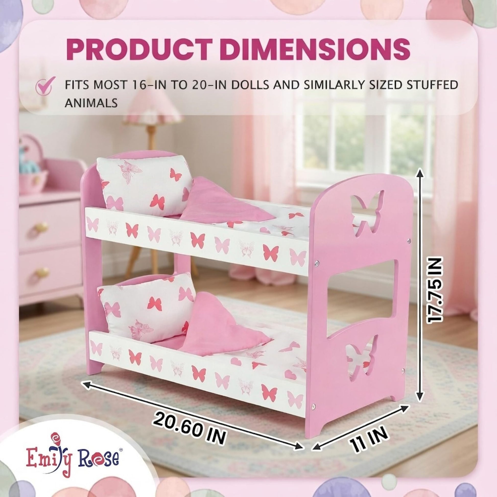 Emily Rose 18” Doll Double Bunk Bed w/Reversible Bedding - Pink Butterfly