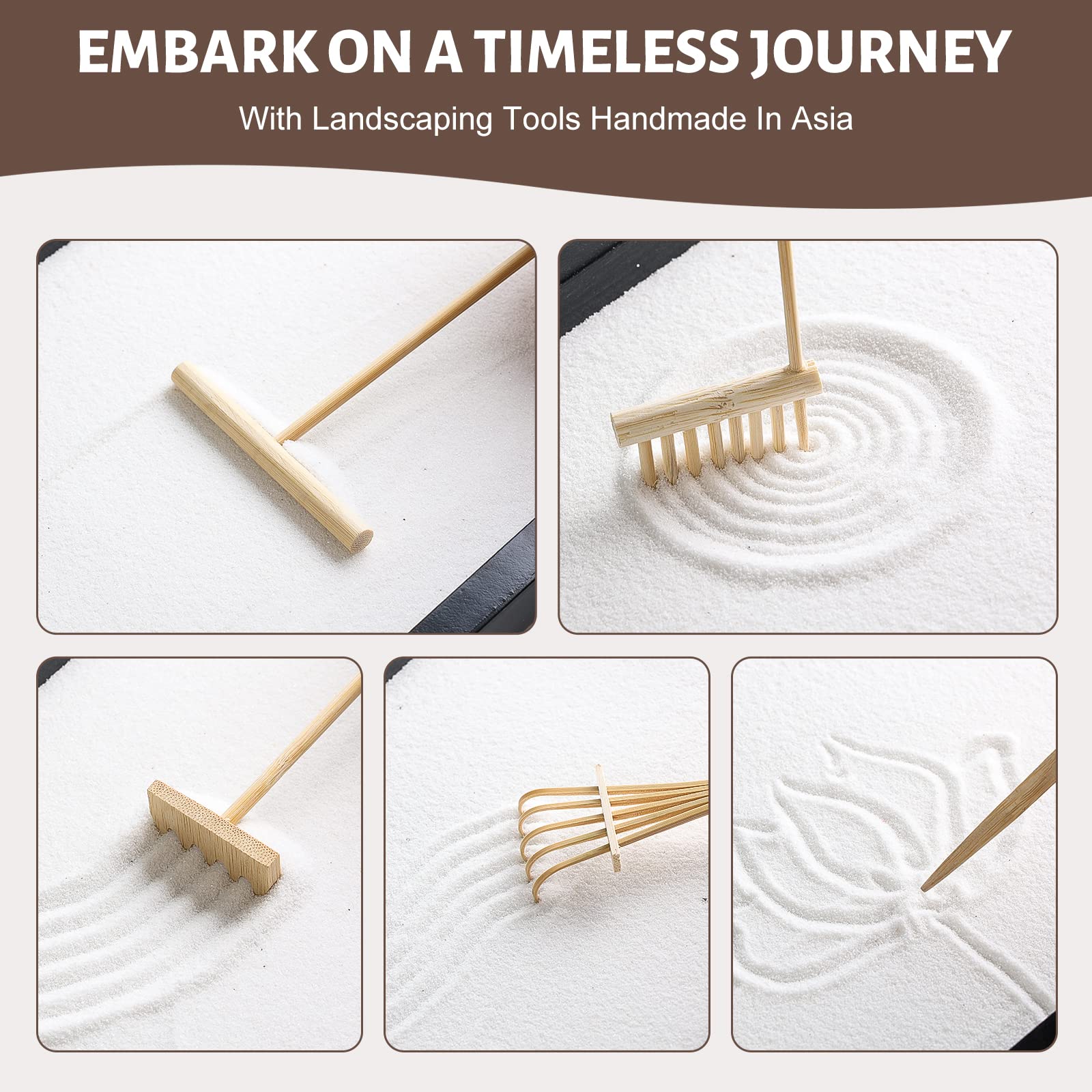 Zen Garden Kit for Desk Decor - Premium Beautiful Japanese Mini Sand Box Set Home, Office with Black Wooden Tray, White Sand, Rake Tools Desktop