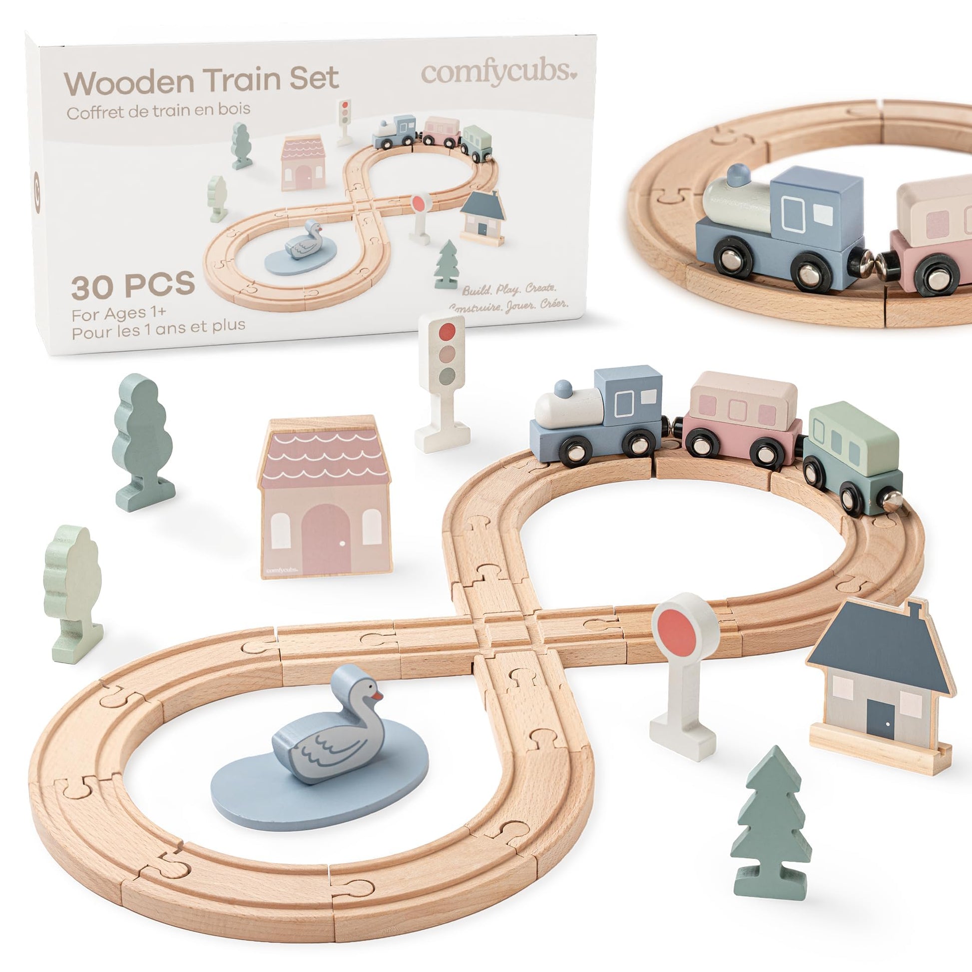 Comfy Cubs 30-Piece Wooden Train Set for Toddlers Ages 1+, Fun & Eco Friendly Toddler Train Set with Wooden Toy Tracks - Creative Toy Town Promoting
