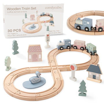 Comfy Cubs 30-Piece Wooden Train Set for Toddlers Ages 1+, Fun & Eco Friendly Toddler Train Set with Wooden Toy Tracks - Creative Toy Town Promoting