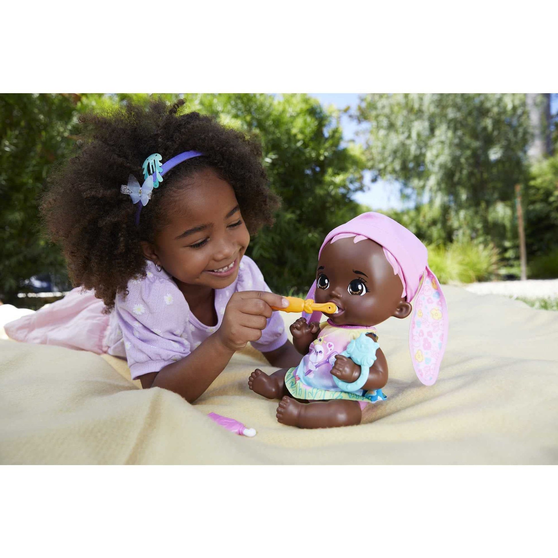 My Garden Baby Brush & Smile Little Bunny Baby Doll (12-in) with 3 Accessories and 2-in-1 Reversible Outfit, Blue Hat, for Kids Ages 2Y+