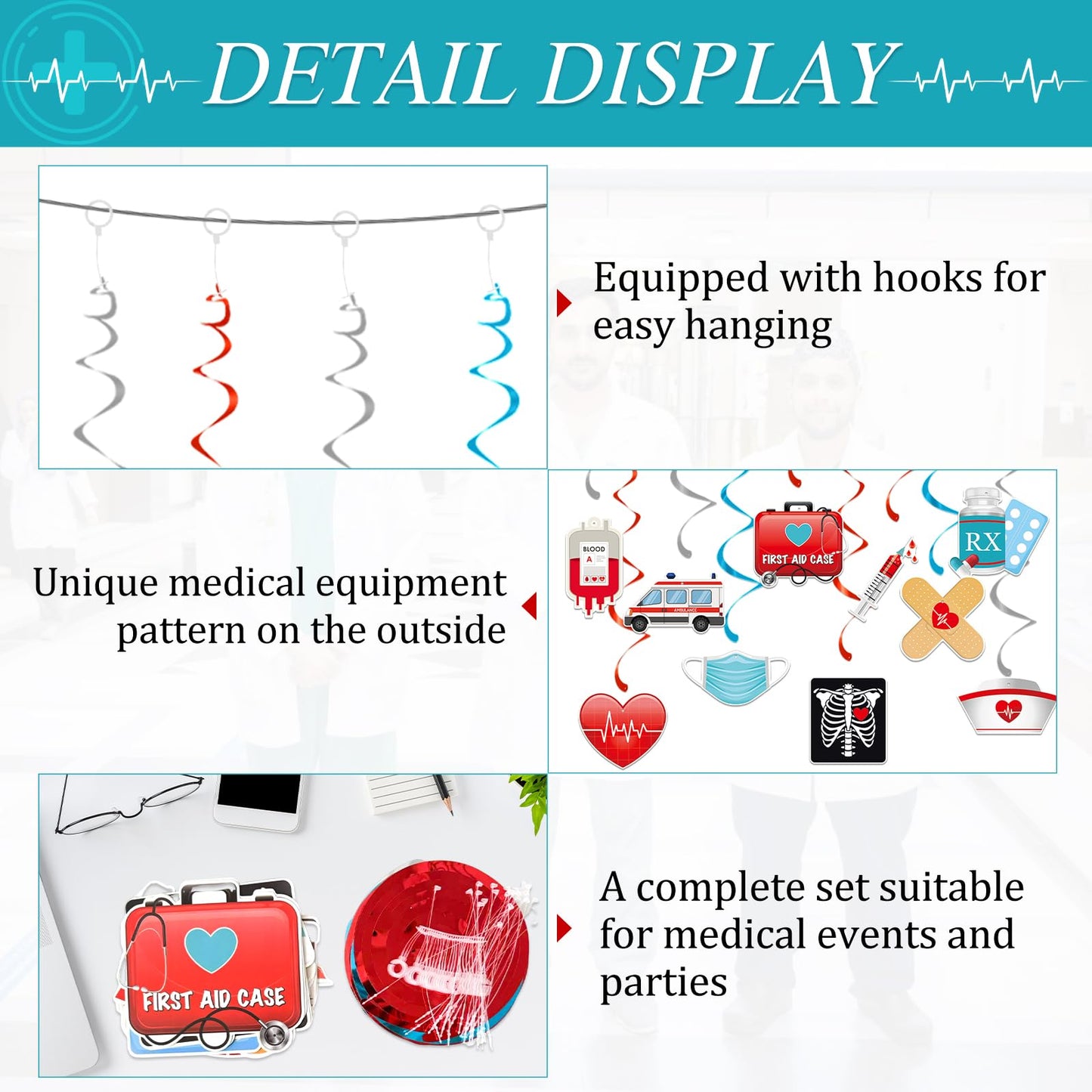 44 Pcs Medical Hanging Swirls Decorations, 20 Hospital-Themed Ceiling Foil Swirl Ornaments with Ambulance, RX, Syringe, Nurse Cap, First Aid Icons
