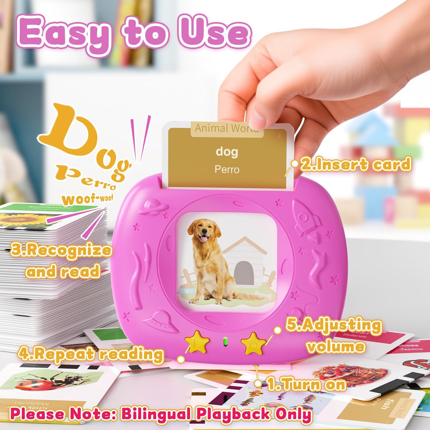 HOMESTEC Toddlers Bilingual Spanish & English Talking Flash Cards, Pink