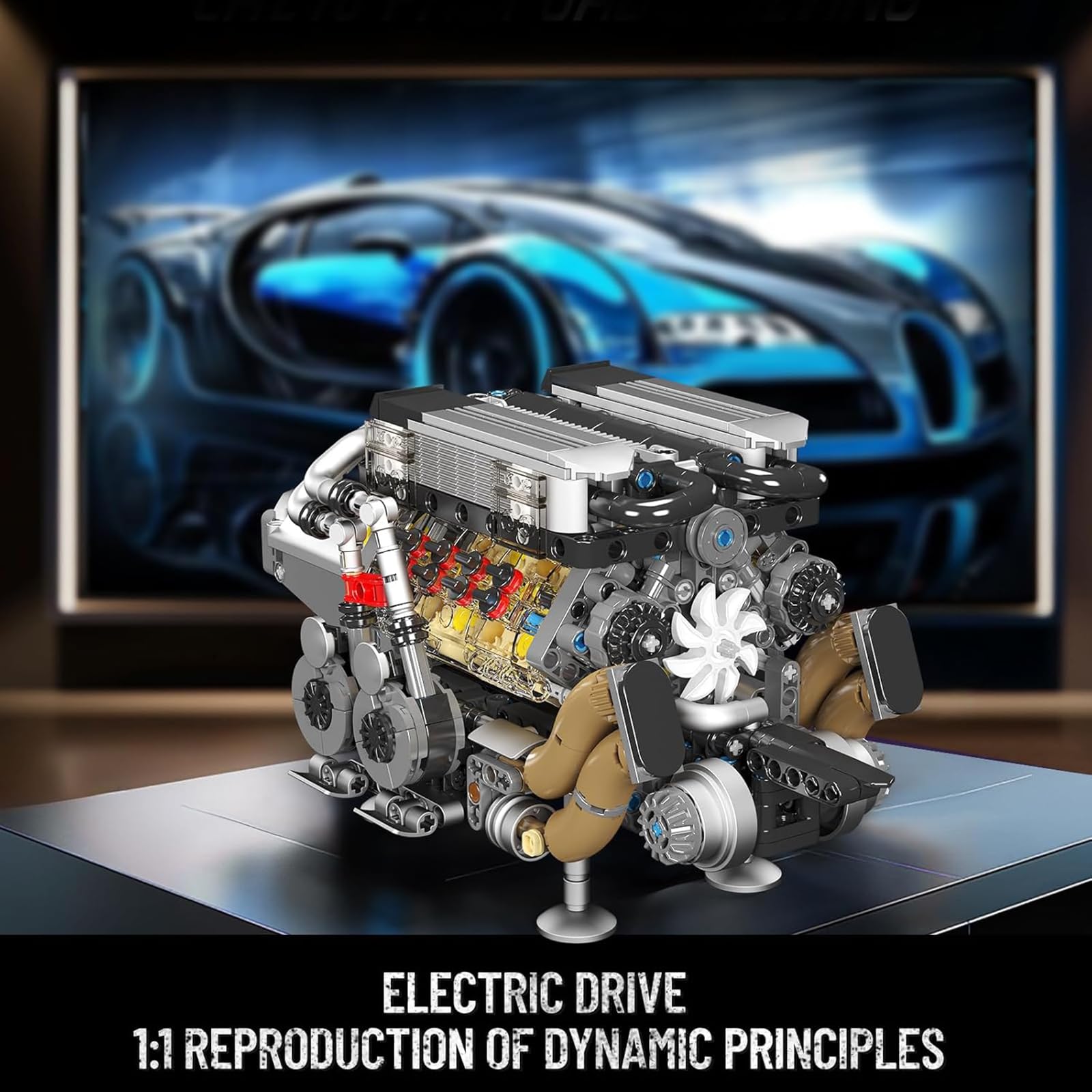 Mould King W16 Engine Building Blocks Set, Combustion Engine Model that Runs, Mini Engine Build Kit for Adults with Battery and Motor, Engineering