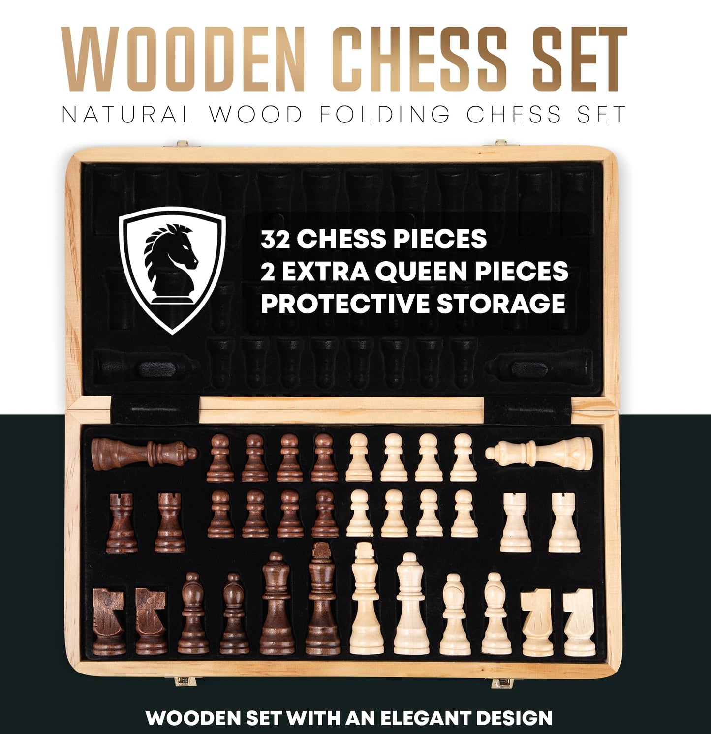 Chess Armory Wooden Chess Set 15 Inch - Classic Handcrafted Game Board for Adults with Extra Queen Pieces and Storage Box - Ideal for Home and Travel