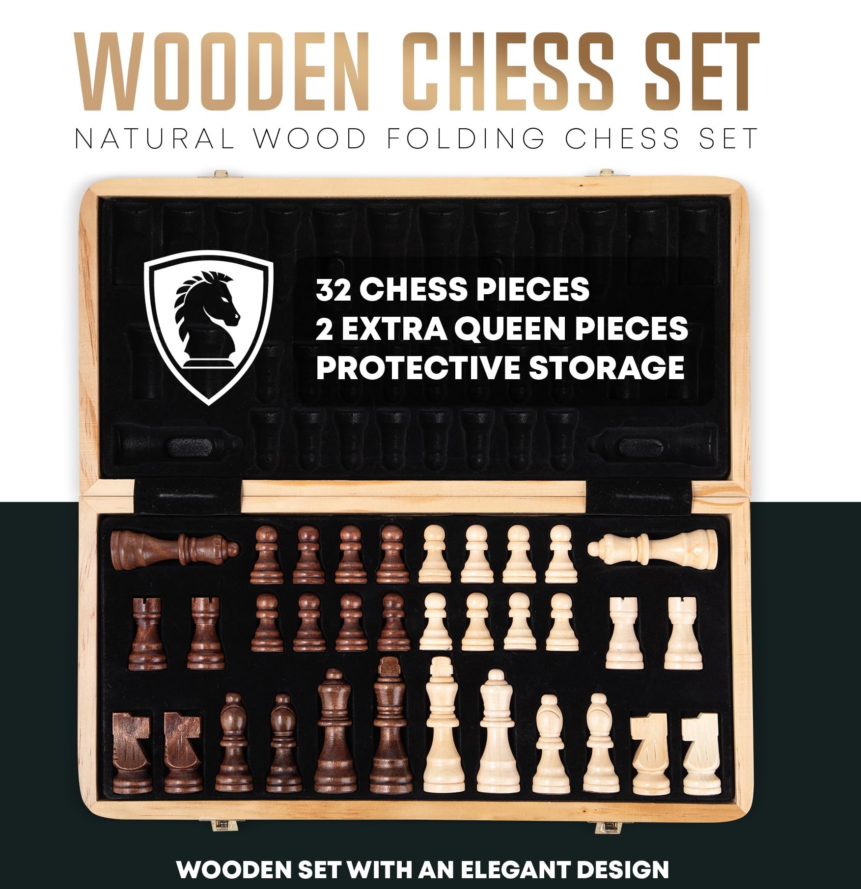 Chess Armory Wooden Chess Set 15 Inch - Classic Handcrafted Game Board for Adults with Extra Queen Pieces and Storage Box - Ideal for Home and Travel