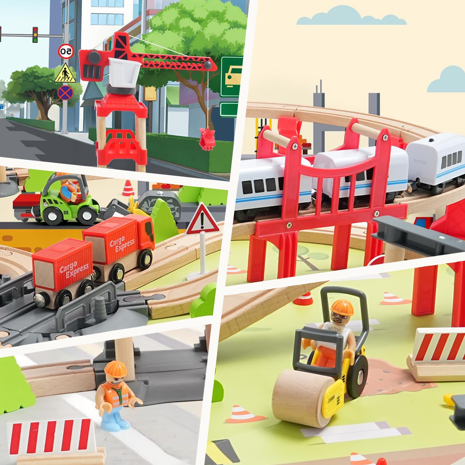 JugueteLand 104 Pcs Wooden Train Set for Toddlers, Magnetic Trains with Track for Kids Ages 3-6, Compatiable with Major Brands, Construction Railway