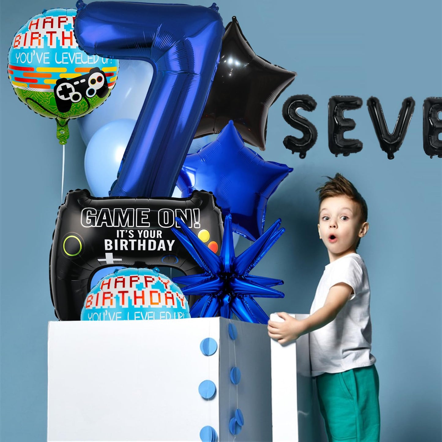 Navy Blue Video Game Controller Mylar Foil Balloon - 13pcs 7th Birthday Party Supplies For Boys (Number 7)