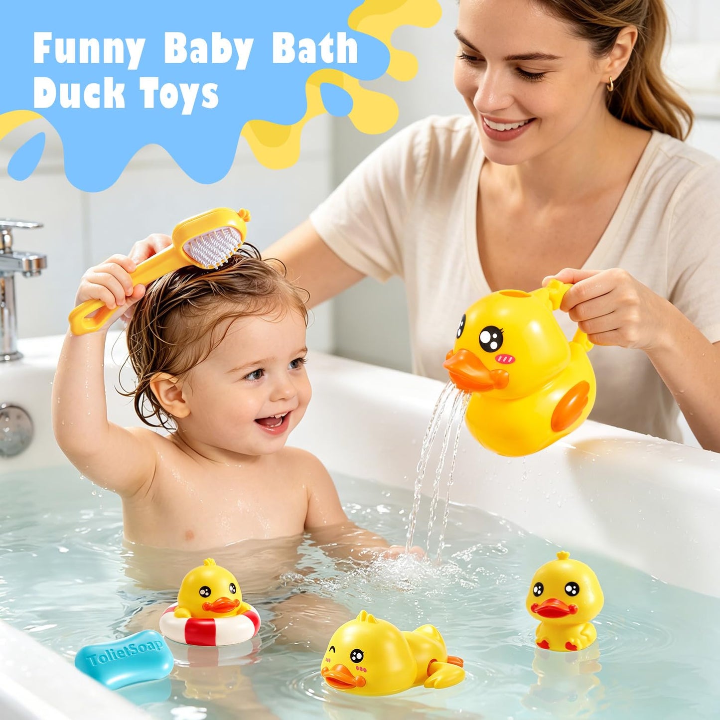 8 PCS Baby Bath Duck Toys for Toddlers Age 1-3, Kids Bathtub Toys Set with Squirt Gun, Watering Can, Floating Rubber Ducks and Fishing Net, Baby