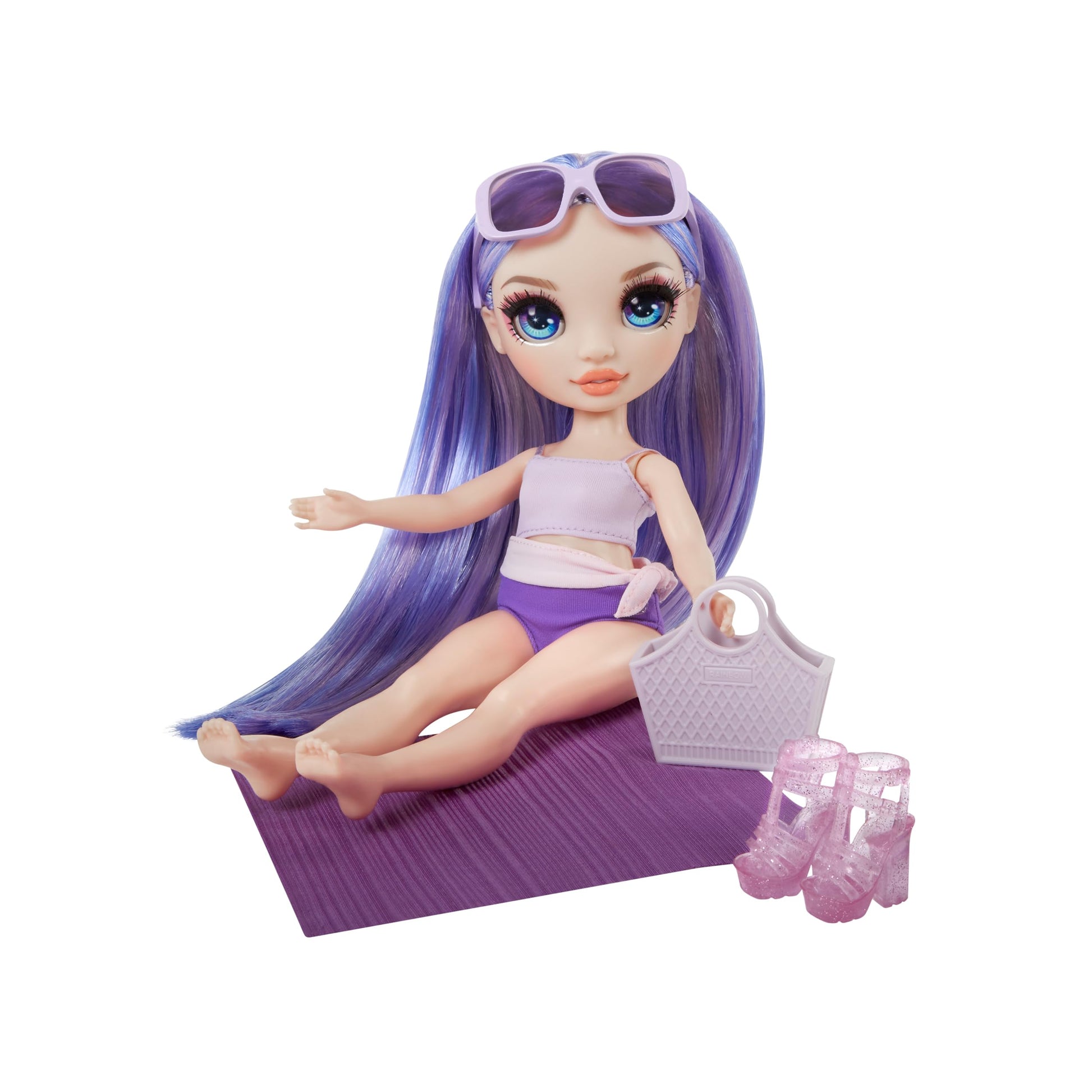 Rainbow High Swim & Style Violet, Purple 11" Fashion Doll with Shimmery Wrap to Style 10+ Ways, Removable Swimsuit, Sandals, Fun Play Accessories