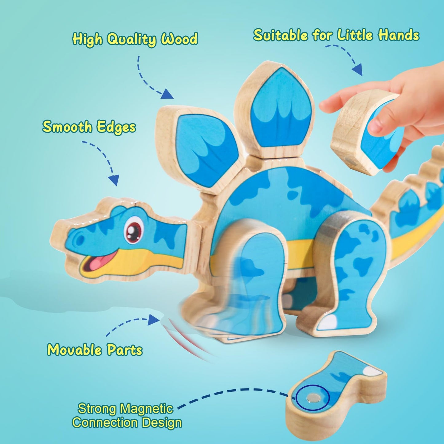 JugueteLand Magnetic Dinosaur Building Blocks, Wooden Dino Snap Blocks, STEM Take Apart Dinosaurs Playset, Montessori Fine Motor Skills Educational