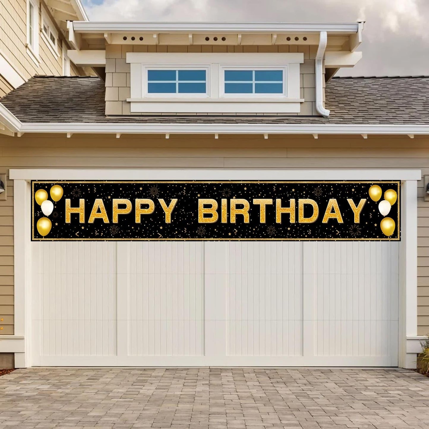 Happy Birthday Banner - 118"x20" Waterproof, Windproof & Tear-Resistant Polyester Sign for Men, Women, Boys & Girls, Black & Gold Indoor/Outdoor