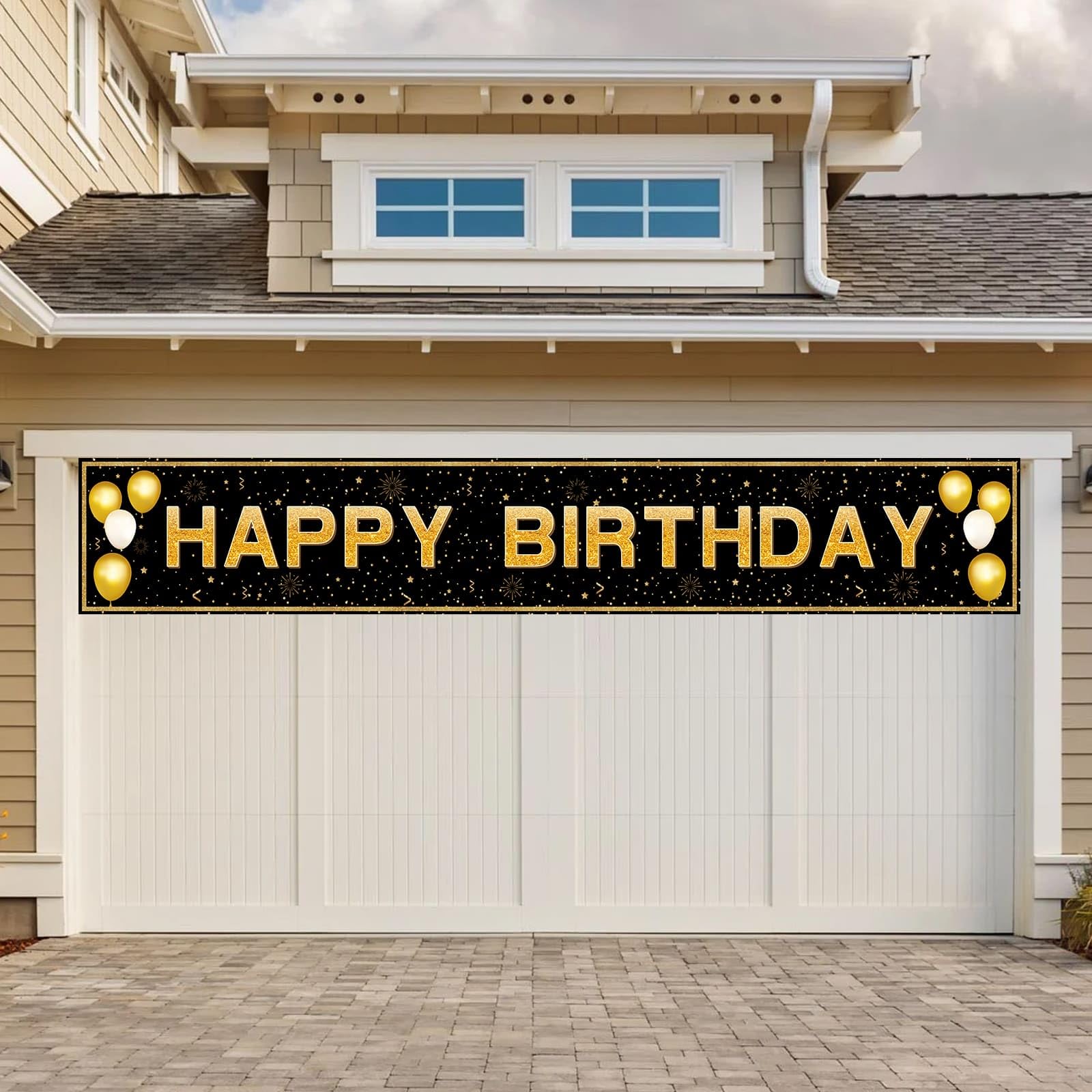 Happy Birthday Banner - 118"x20" Waterproof, Windproof & Tear-Resistant Polyester Sign for Men, Women, Boys & Girls, Black & Gold Indoor/Outdoor