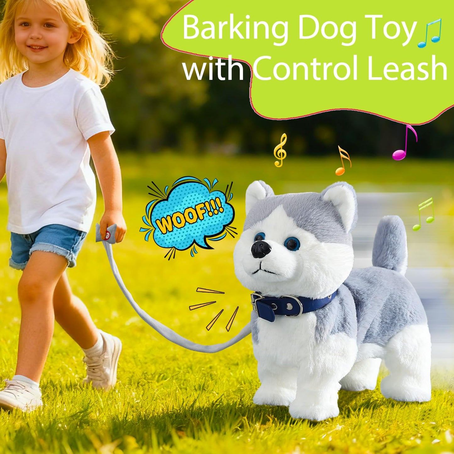 HCdoujoy Husky Walking Dog Barking Toy, Musical Singing Dancing Volume Control Interactive Puppy Walk Along with Leash, Wagging Tail Shaking Head