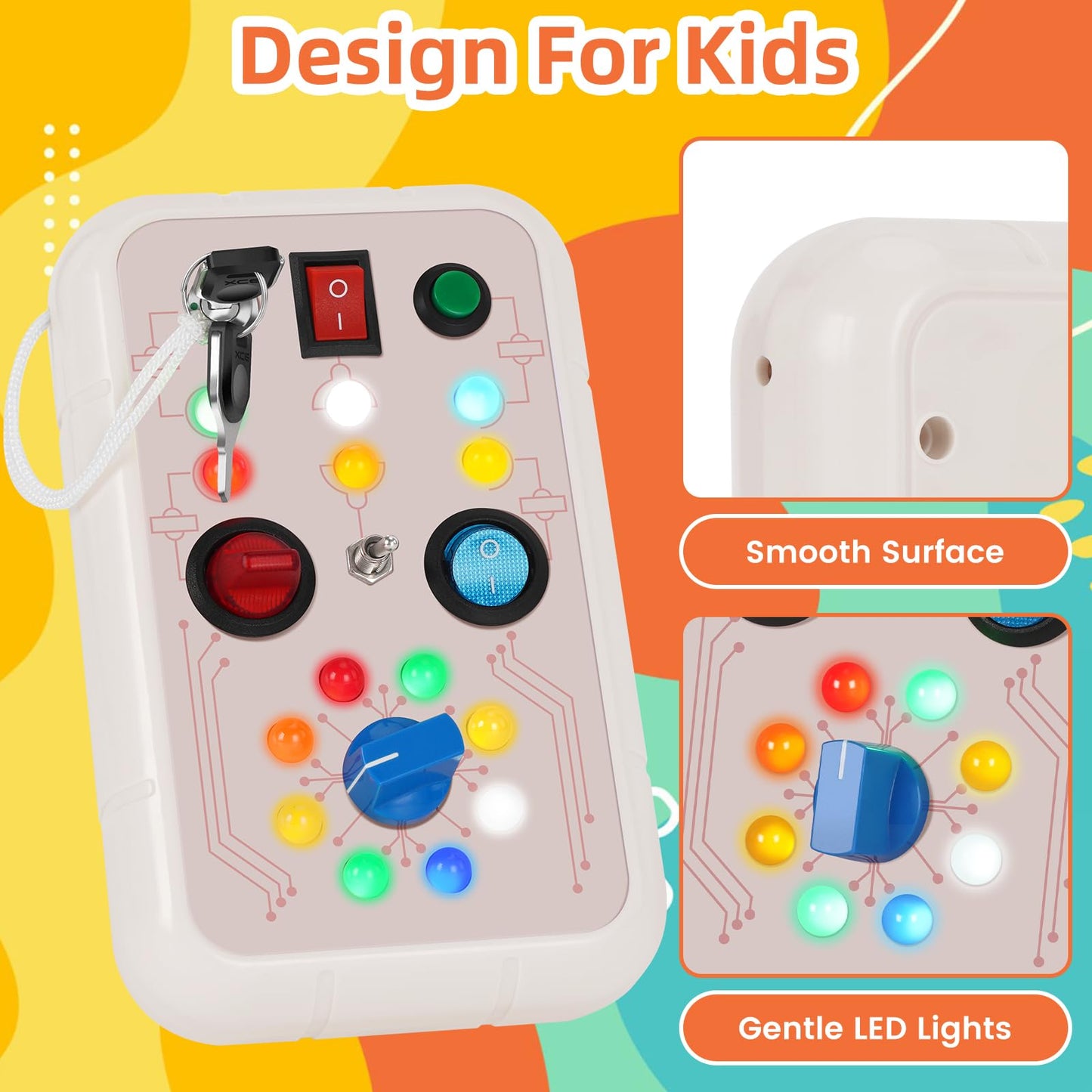 DINOTIME Busy Board, Montessori Educational Toy for 1 2 3 Years Old with LED Light, Travel Toys for 1+ Year Old Toddler Baby