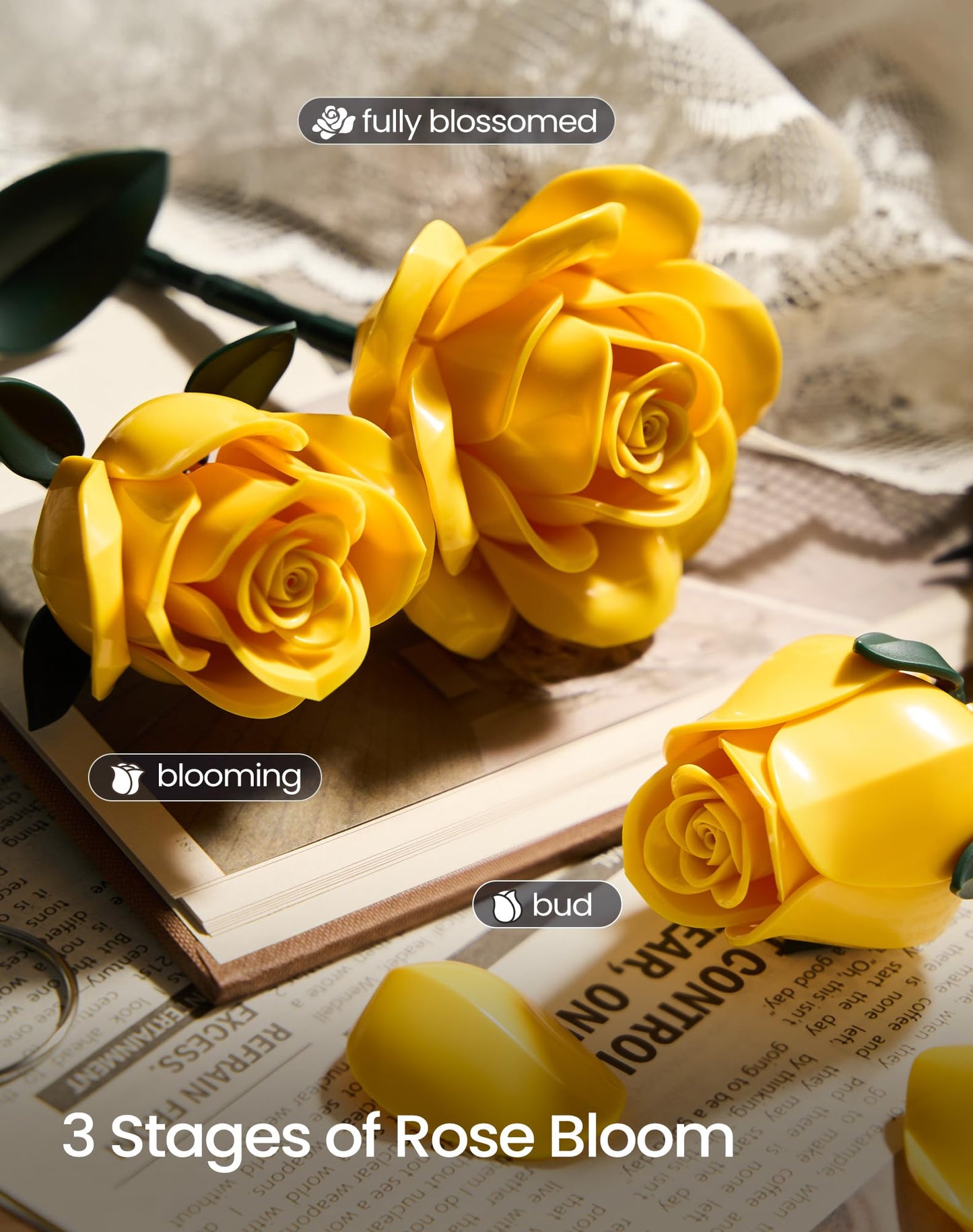iATOM Yellow Rose Bouquet Building Set, 12Pcs Flowers Botanical Collection Kit for Adults, for Her/Girlfriend/Mom/Wife/Couple, Modern Home Office