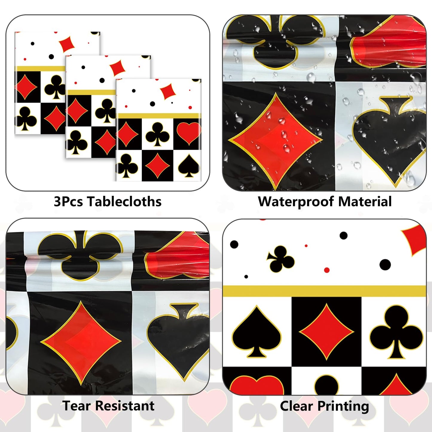 BASHLY 3-Pack Poker Tablecloths - 86”x51” Waterproof Plastic Casino Table Cover for Game Nights, Casino Themed Party Decoration, Playing Card