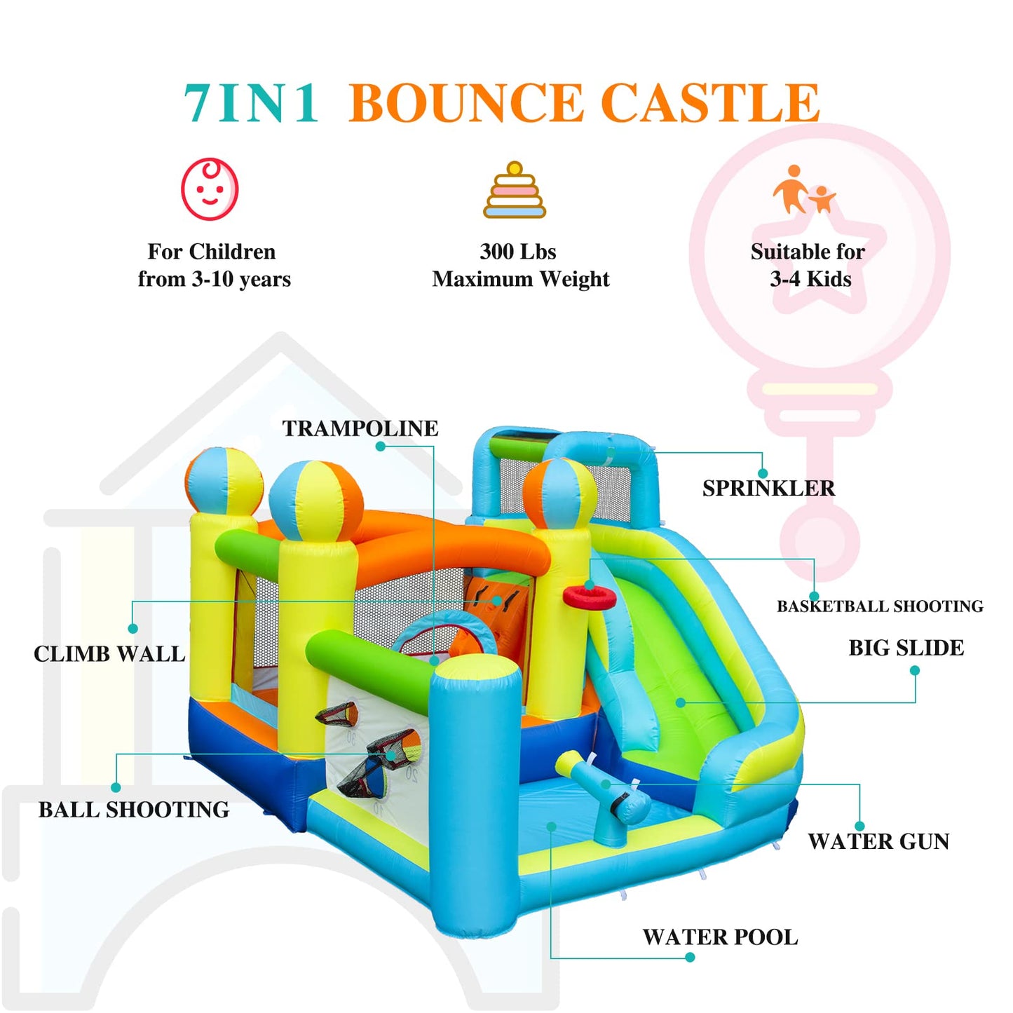 WelandFun Inflatable Water Slide Park for Kids Backyard, Inflatable Bounce House with Air Blower - Bouncy Castle with Climbing Wall, Jumping, Water