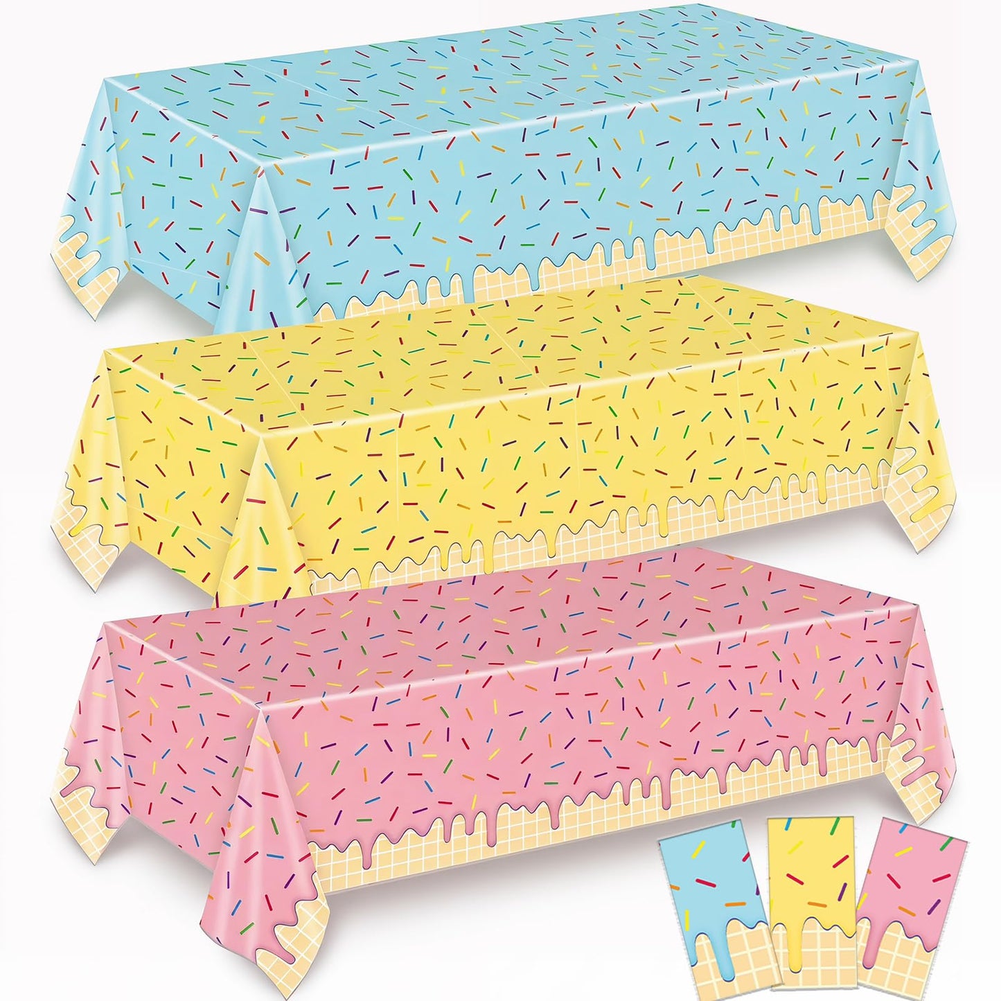 Broeify 3-Piece 54 x 108 Inch Summer Dessert Plastic Tablecloth - Blue, Yellow, Pink Sprinkle Design, Disposable Rectangle Table Cover for Birthday