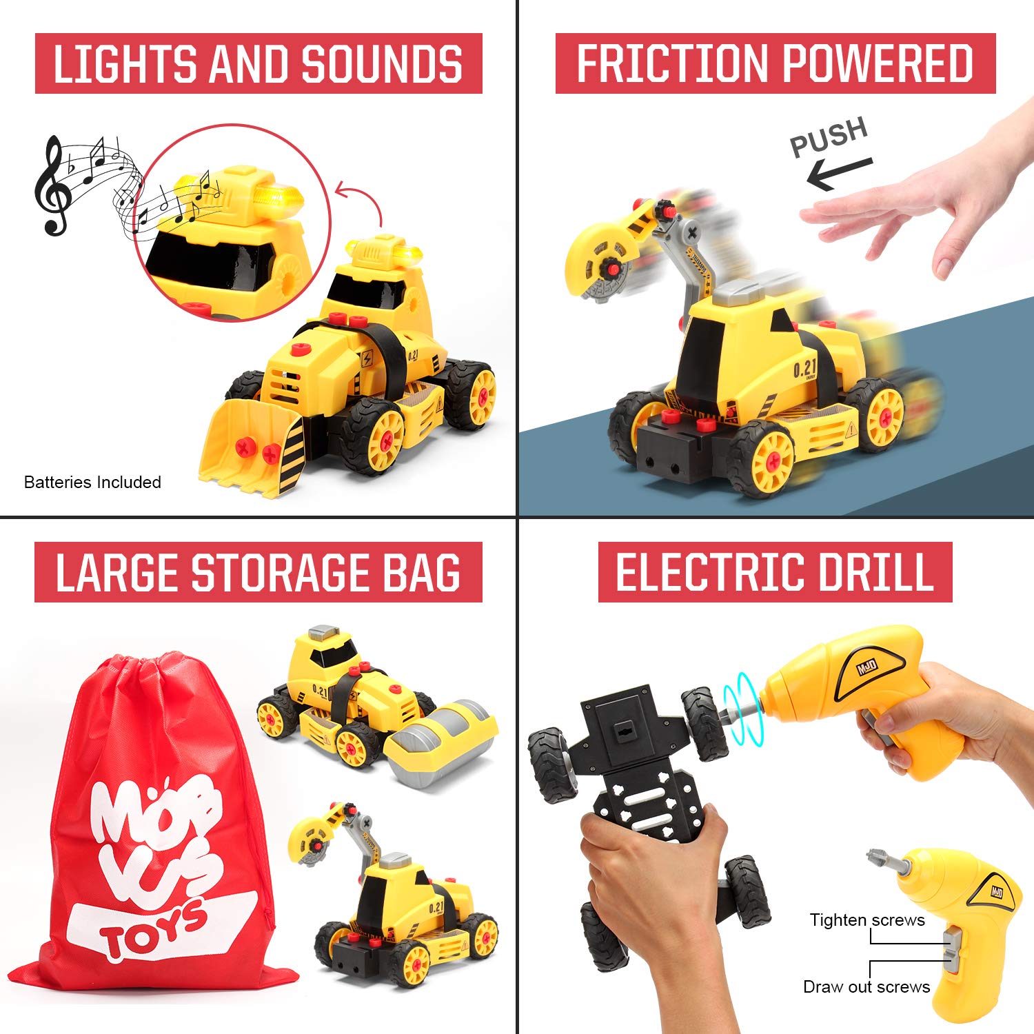 MOBIUS Toys 7-in-1 Take-Apart Truck Construction Set - STEM Building Toy w/Drill, Lights & Sounds - Buildable Dump Truck, Excavator & More