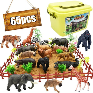 BOLZRA 65PCS Safari Animals Figures Toys, Realistic Plastic Jungle Zoo Wild Animals with Fence Building Blocks Storage Box Christmas Birthday Gift