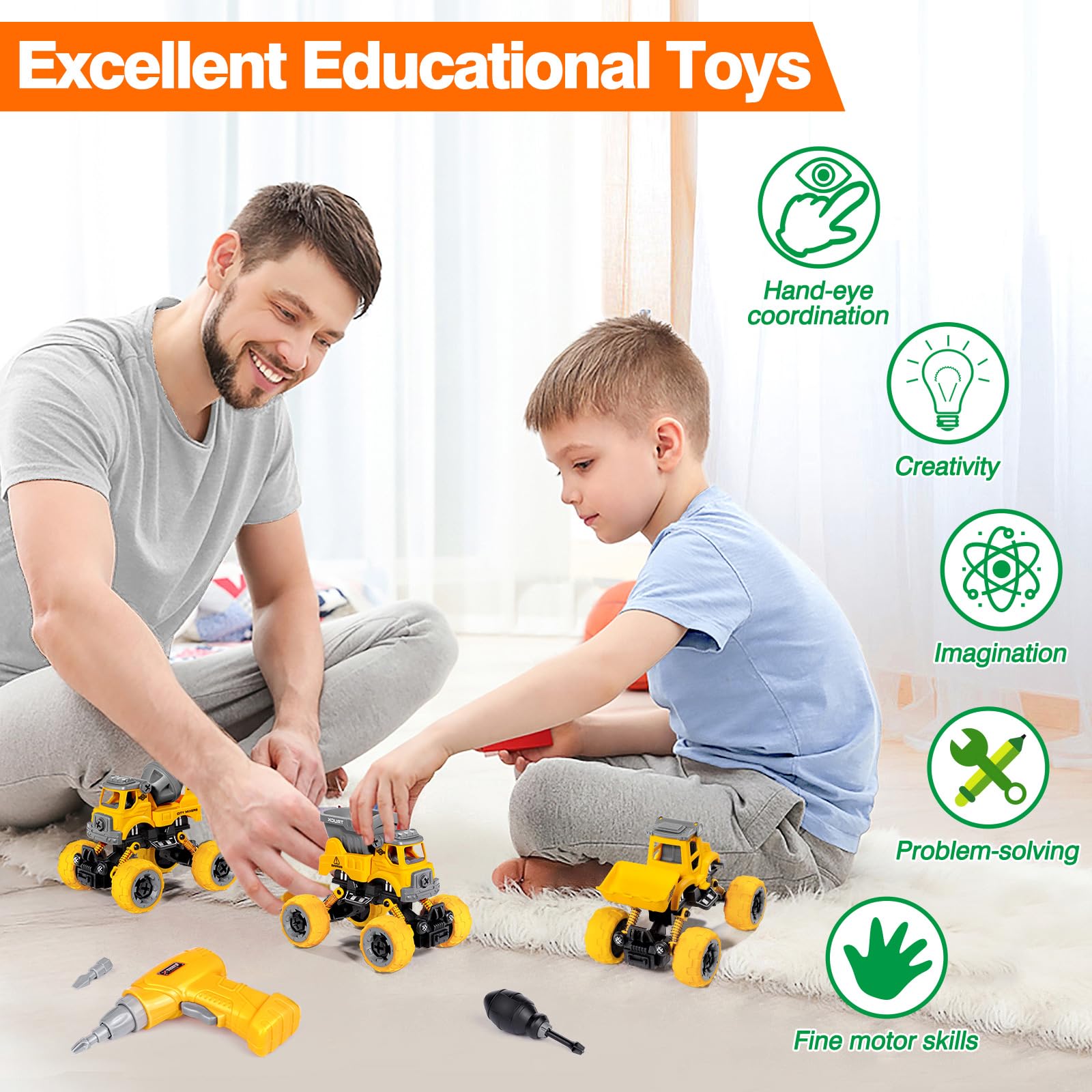 LUDILO Toys for 3 4 5 Year Old Boy Birthday Gift: 4PCS Take Apart Construction Truck Excavator Toy with Electric Drill, Kids Building Stem Learning
