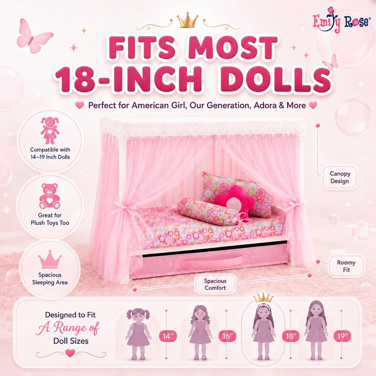 Emily Rose 18" Doll Princess Canopy Bed - White Wood with Pink Curtains