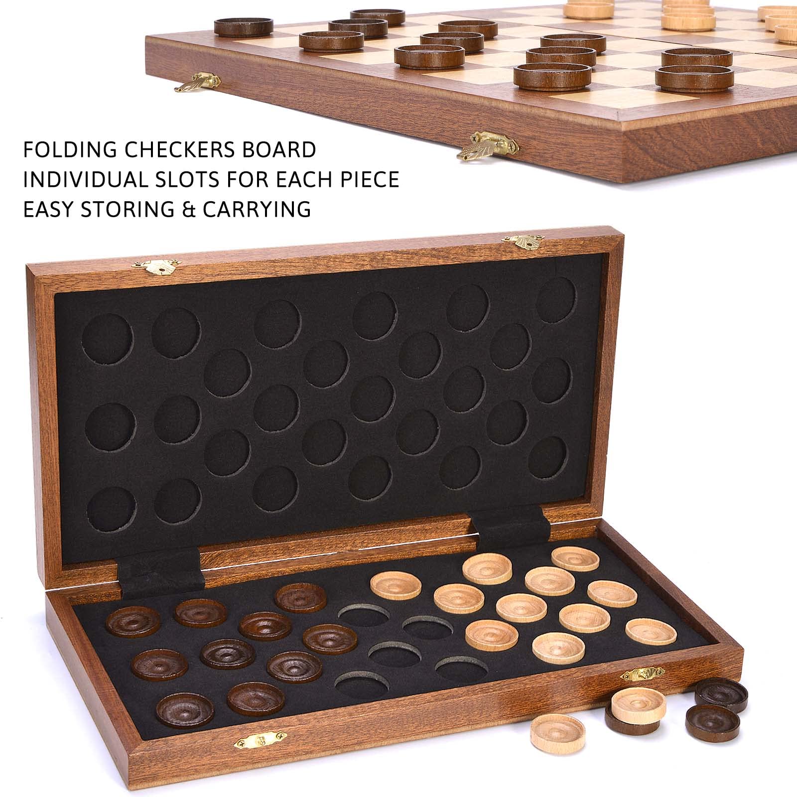 VAMSLOVE 14inch Checkers Folding Wooden Game Set, 8x8 Classic Checkerboard International Checkers Draughts Board 64 Square with Pieces Storage Slots