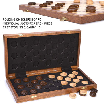 VAMSLOVE 14inch Checkers Folding Wooden Game Set, 8x8 Classic Checkerboard International Checkers Draughts Board 64 Square with Pieces Storage Slots