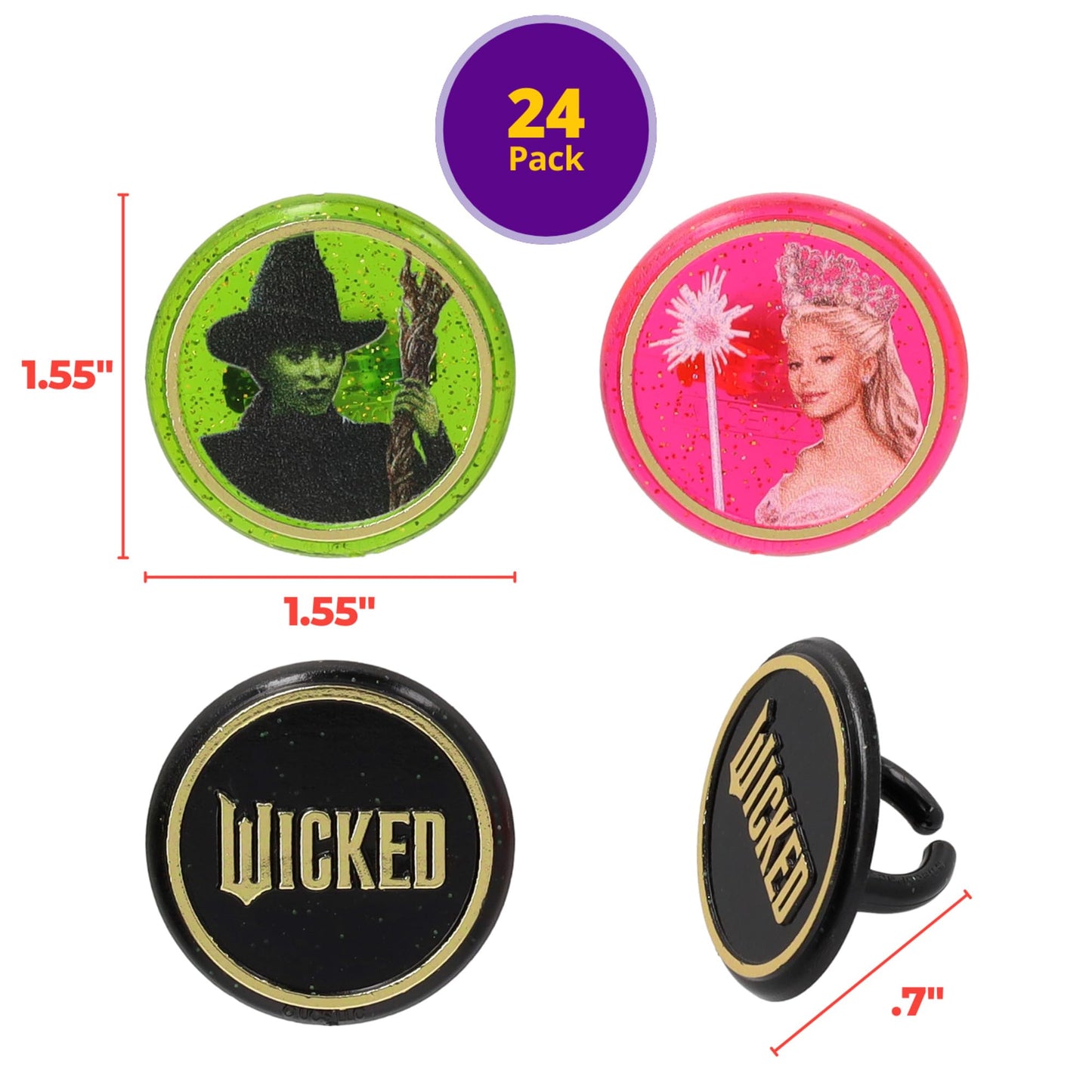 Wicked Cupcake Rings With Glinda And Elphaba, 24 Cupcake Toppers For Cakes, Birthday's, Celebrations, Food Safe Cake Decorations - 24 Pack