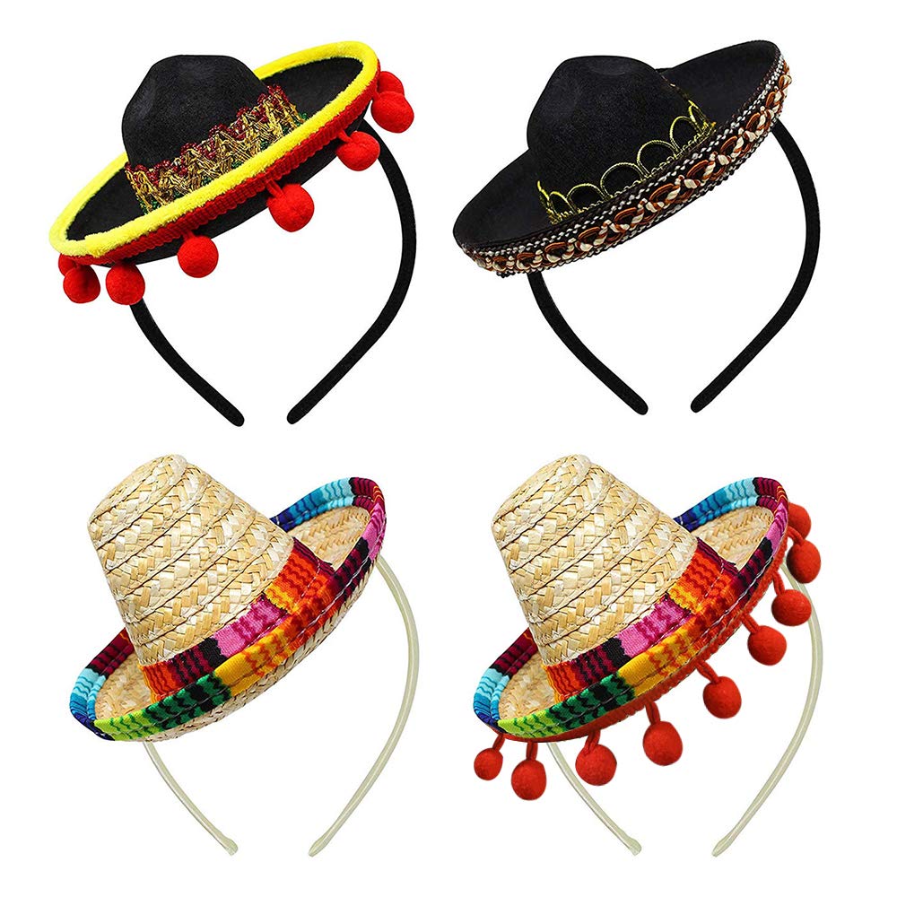 Mukola 4 Pieces Mini Mexican Sombrero Hats, Straw Sombreros for Fiesta Carnival Mexican Theme Party Decorations, Party Favors, One Size, Black, Beige