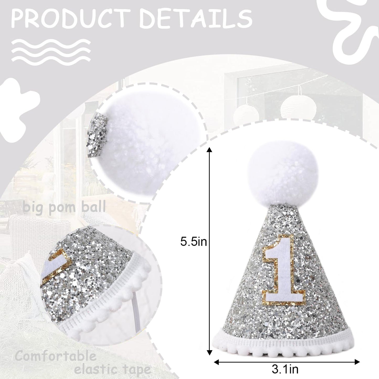 TERJIO Baby's Cone Silvery 1st birthday Crown - Natural Boho 1st/First Birthday Decorations,1st Birthday Hat, Cake Smash Photo Prop. (Silver Boho