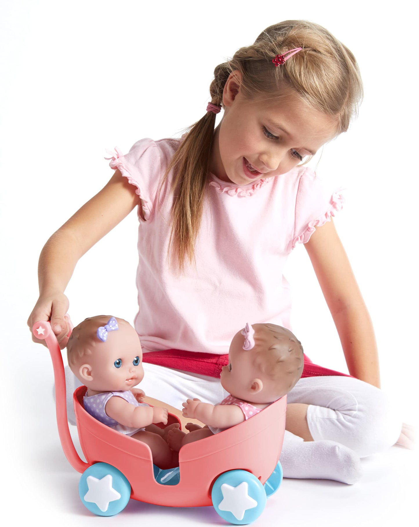 Lil Cutesies TWIN 8.5" All Vinyl Dolls and Stroller Set | Posable and Washable | Removable Outfits |Twin Stroller and Accessory | JC Toys | Ages 2+