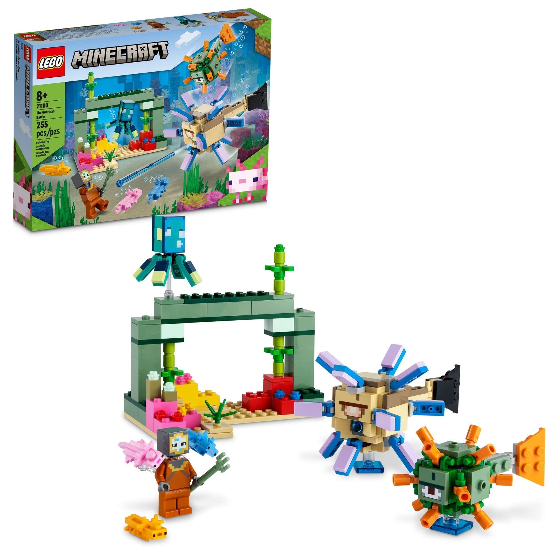 LEGO Minecraft The Guardian Battle Toy Building Set 21180 Underwater Ocean Theme with Minecraft Mobs Figures, Build a Coral Reef, Find Hidden