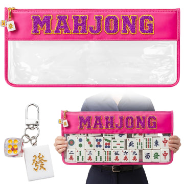 FUYAHA Clear American Mahjong Tile Bag with Keychain, Waterproof Portable Mahjong Storage Bag with Zipper & Glitter Letters, Mahjong Organizer Travel