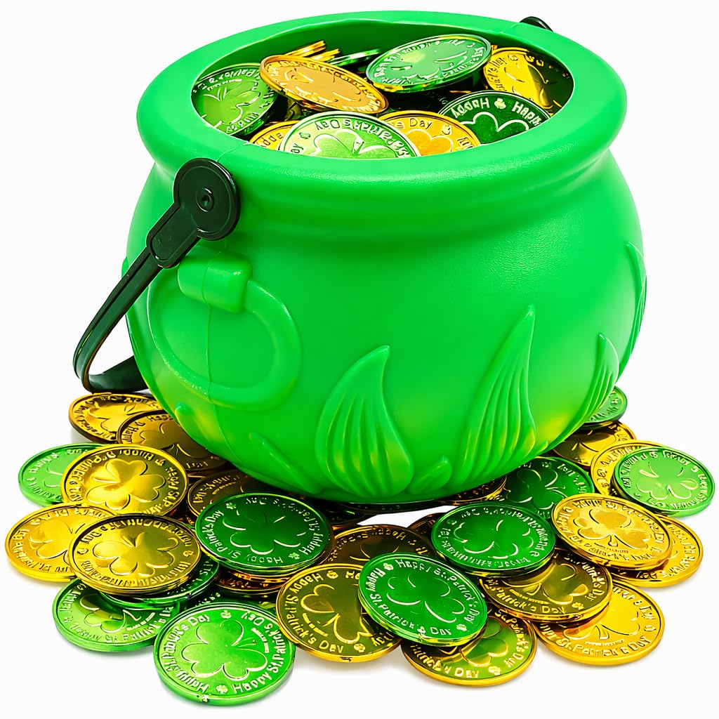 4E's Novelty 5 Inch St Patricks Day Pot of Gold Decorations with 100 Lucky Coins - Green Pot of Gold Cauldron Plastic Bucket for Leprechaun