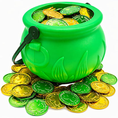 4E's Novelty 5 Inch St Patricks Day Pot of Gold Decorations with 100 Lucky Coins - Green Pot of Gold Cauldron Plastic Bucket for Leprechaun