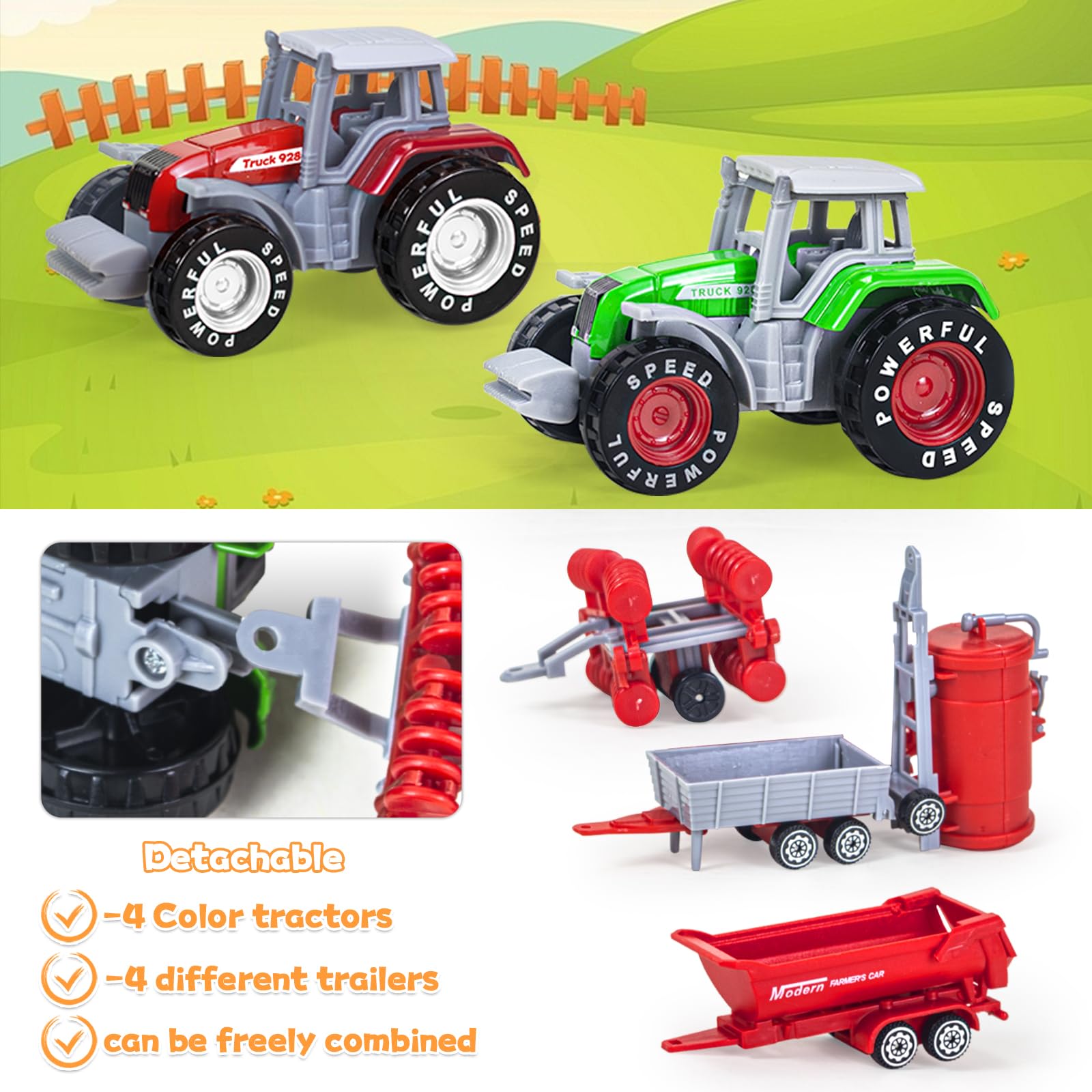 QUANA 4 Pack Farm Tractors, Plastic Farm Truck Toys for Kids Boys 3 4 5 6 7 8 Years Old, Detachable Farm Vehicles Playset Birthday Party Birthday