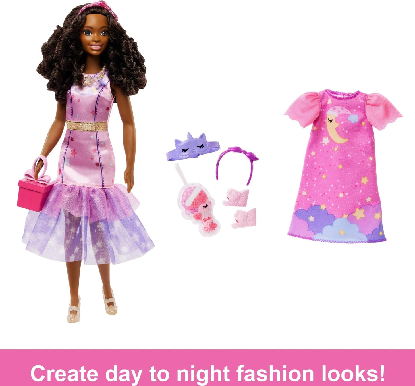 Barbie: My First Barbie Preschool Doll, "Brooklyn" with 13.5-inch Soft Posable Body, Deluxe Party & Bedtime Clothes & Accessories, Black Hair