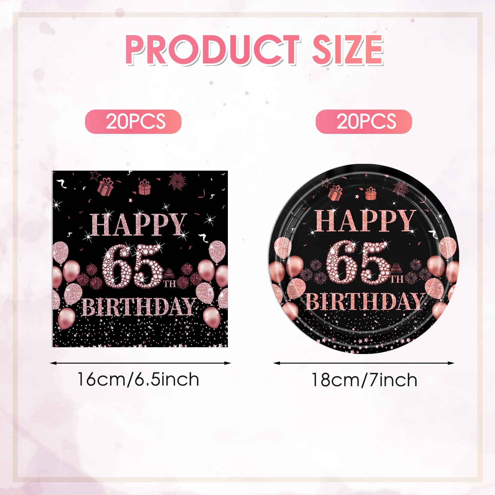 65th Birthday Decorations for Women Men, 40Pcs 65th Birthday Party Paper Plates and Napkins Black Rose Gold Happy Sixty-Five Years Old Birthday Party