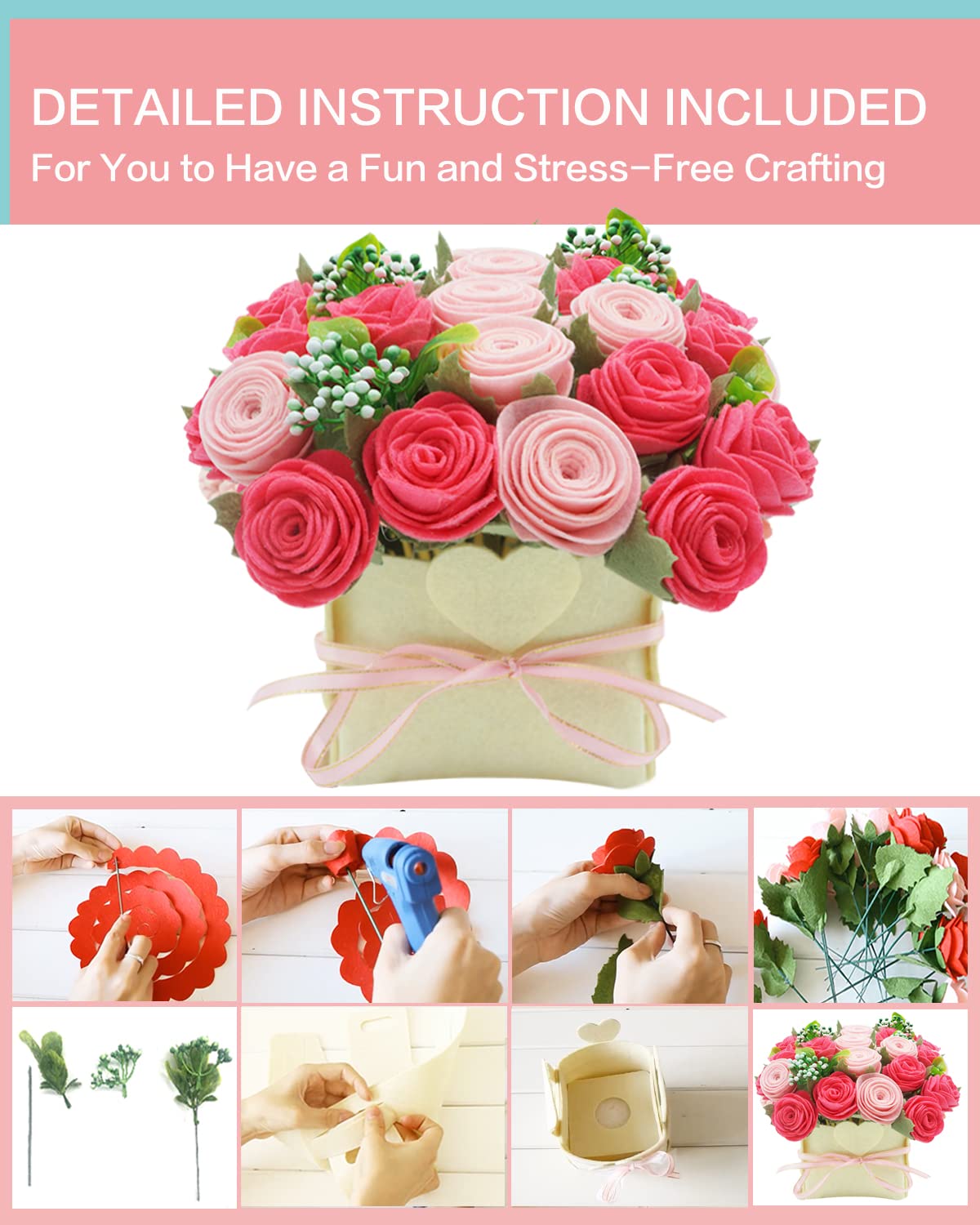 BAZIMA ALICE DIY Felt Flower Kit, Pink Rose Bouquet Kit, Floral Gifts - Arrange Pre-Cut Flowers and Foliage