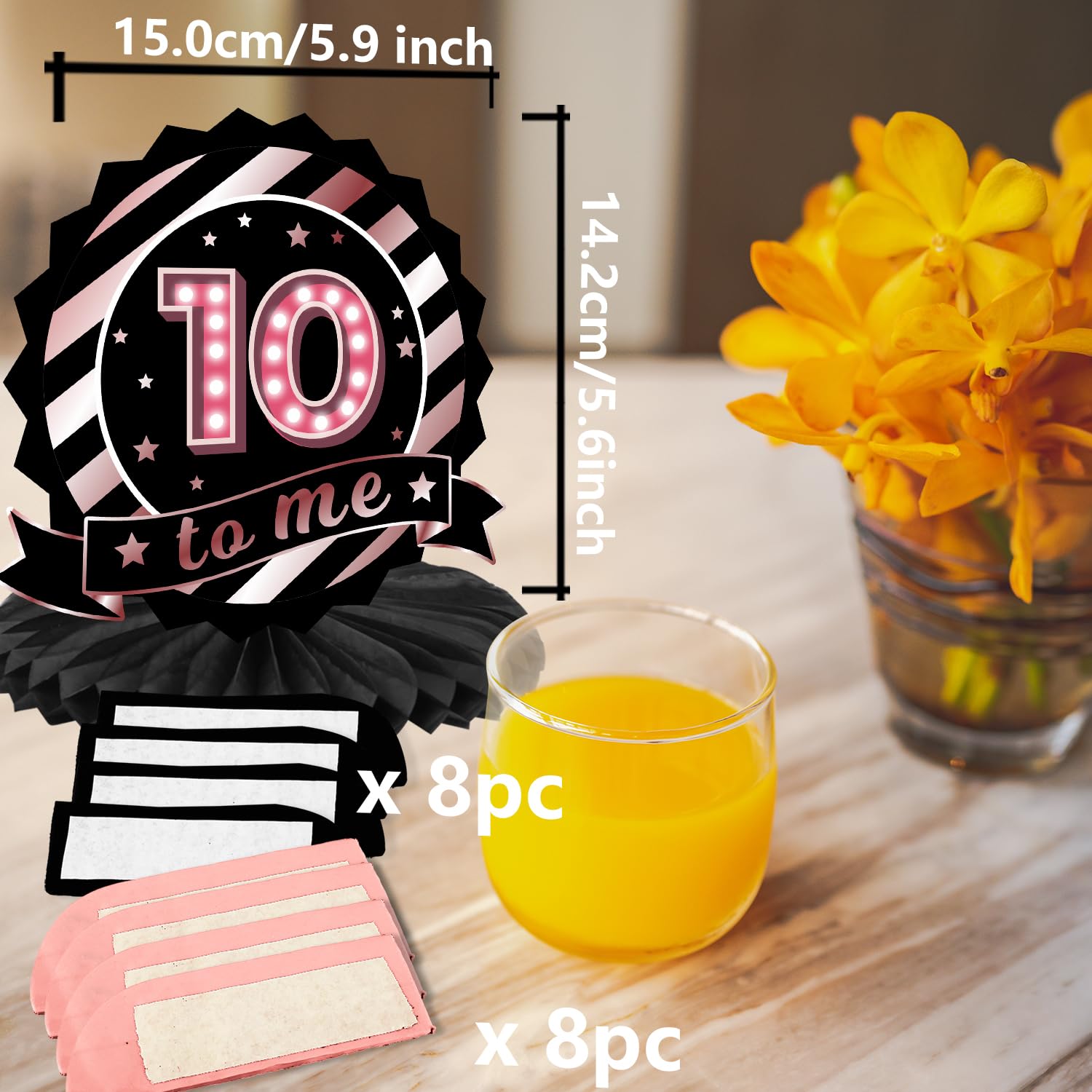 Happy 10th Birthday Rose Gold and Black Table Honeycomb Centerpieces Balloons Theme Decor Table Decorations Table Toppers for Girls Women Princess 10