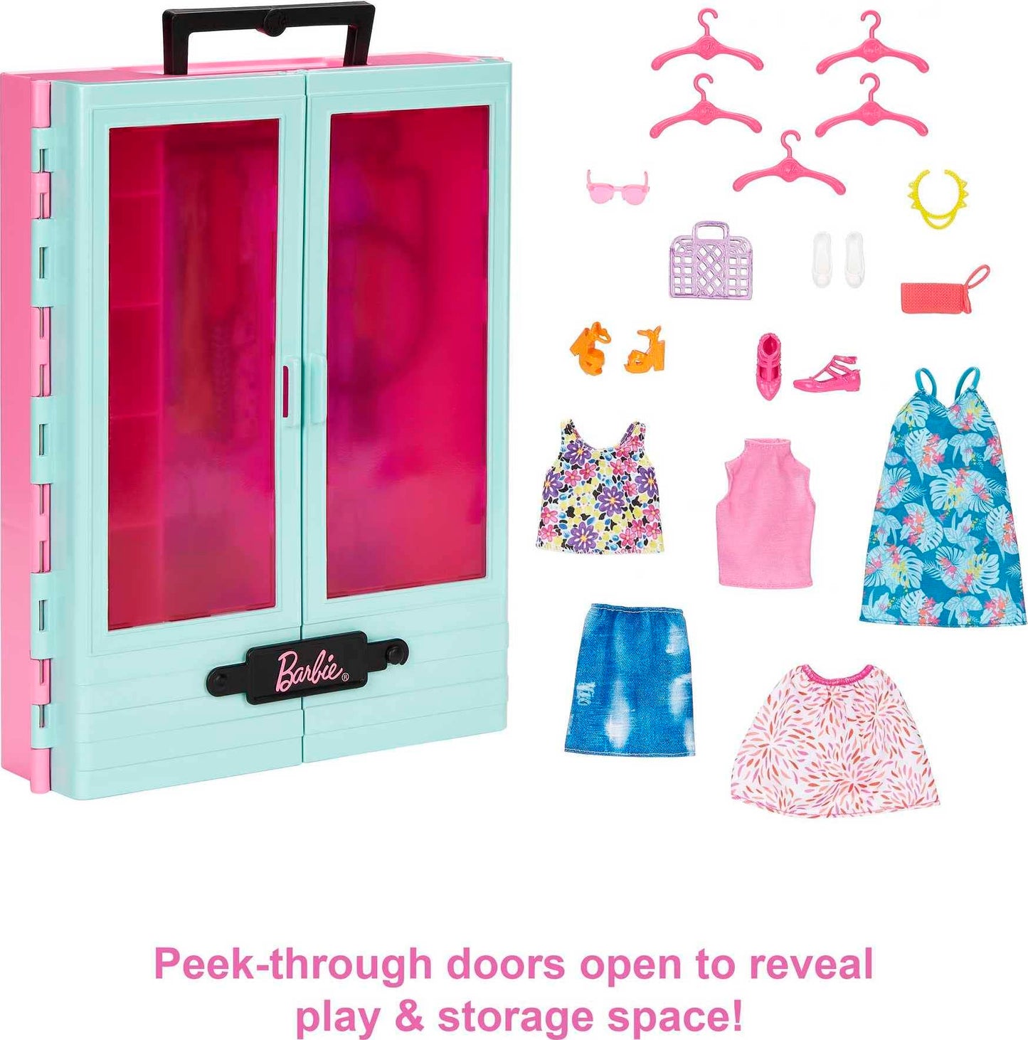 Barbie Closet Playset with 3 Outfits, 3 Pairs of Shoes, 2 Purses, Necklace and Sunglasses Accessories, 5 Hangars, Gift for 3 to 8 Years Old