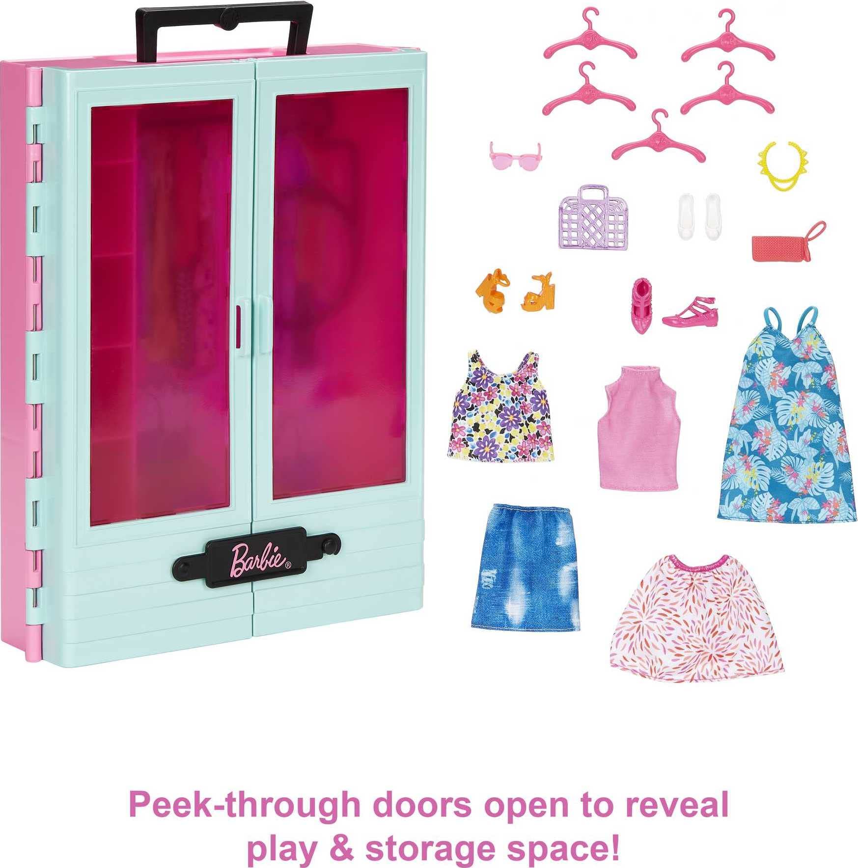 Barbie Closet Playset with 3 Outfits, 3 Pairs of Shoes, 2 Purses, Necklace and Sunglasses Accessories, 5 Hangars, Gift for 3 to 8 Years Old