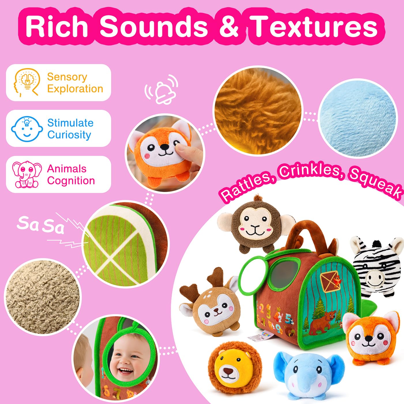 NECTAR BABY Infant Baby 6-12 Months Stuffed Animals Toys with Multi-Sensory