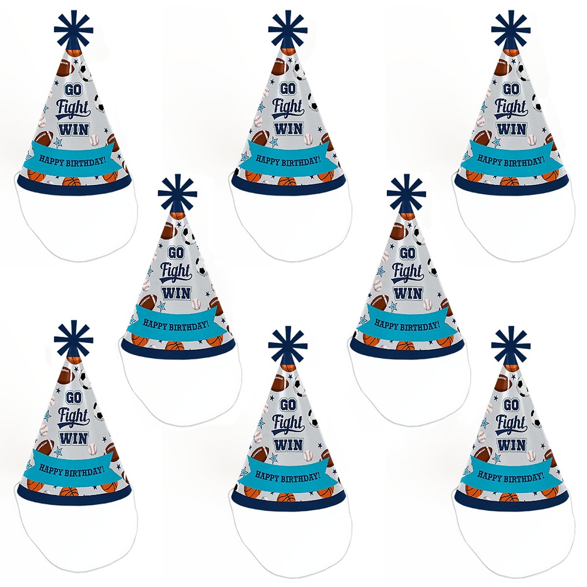 Big Dot of Happiness Go, Fight, Win - Sports - Cone Happy Birthday Party Hats for Kids and Adults - Set of 8 (Standard Size)