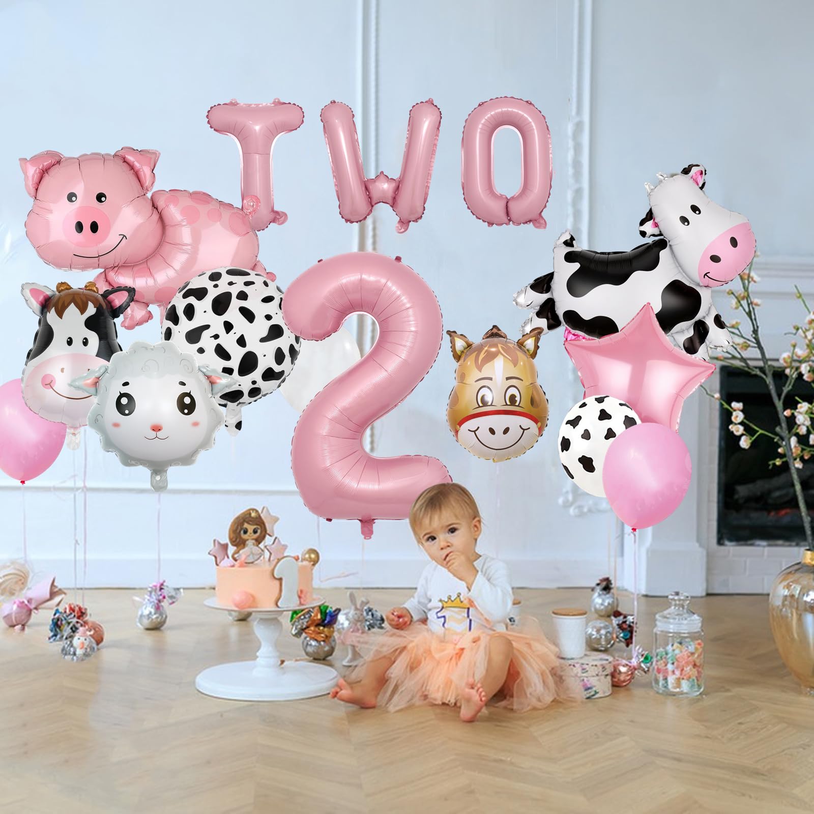 19 PCS Farm Animal Theme Party Balloons, Farm Cow Print Sheep Pig Donkey Mylar Foil Balloons Baby Shower Boy Girl 2nd Birthday Party Decor Supplies