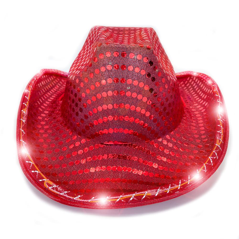 YADIRF Led Hat Cowboy Sequin Party Cap Flashing Light Up Dance Party Cowboy For Halloween Costume Cosplay Holiday (Red)