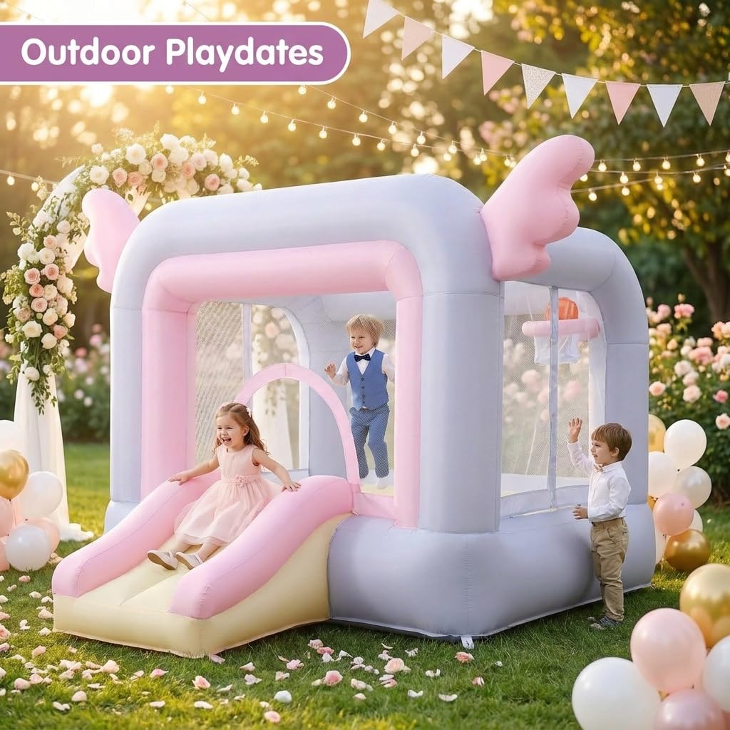 AKEYDIY Pink Inflatable Bounce House for Girls, Pastel Bouncer with Slide, Inflatable Jumping Bouncy Castle for Kids Birthday Party Gifts Outdoor