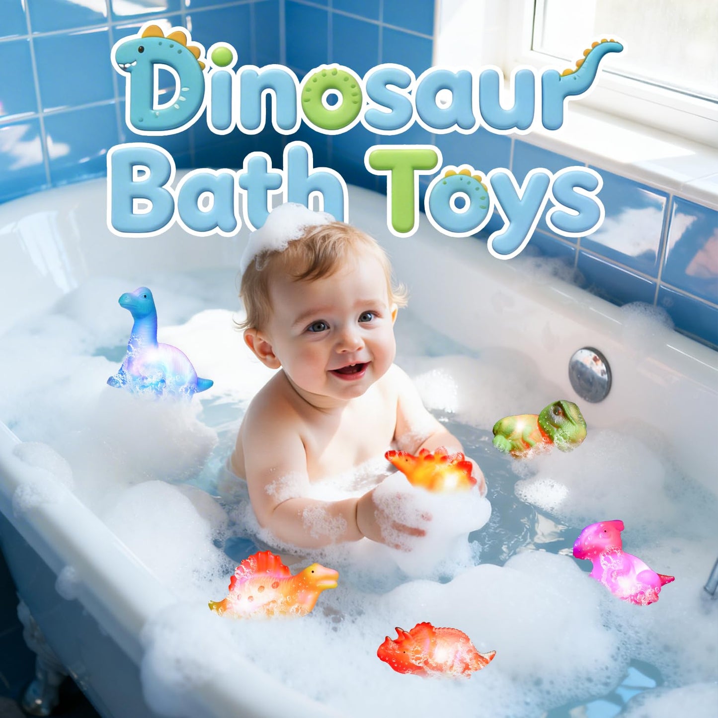 Baby Bath Toys for Toddlers 1-5, 6 Packs Light Up Floating Dinosaur Toys for Kids 1-5 Year Olds Boys Girls Halloween Xmas Birthday for Babies Age 1-5